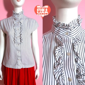 Lovely Vintage 70s White Black Stripe Blouse with Ruffles