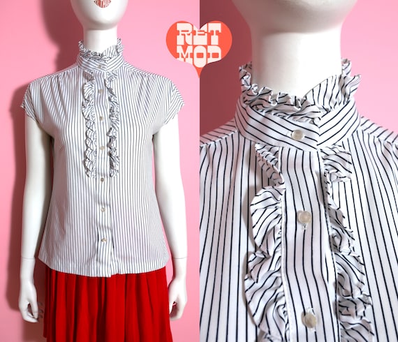 Lovely Vintage 70s White Black Stripe Blouse with… - image 1