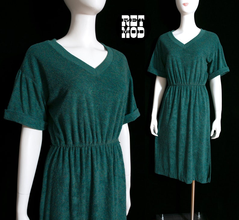 Robe de jour confortable en tissu éponge chiné vert des années 70 et 80 à taille élastique image 1