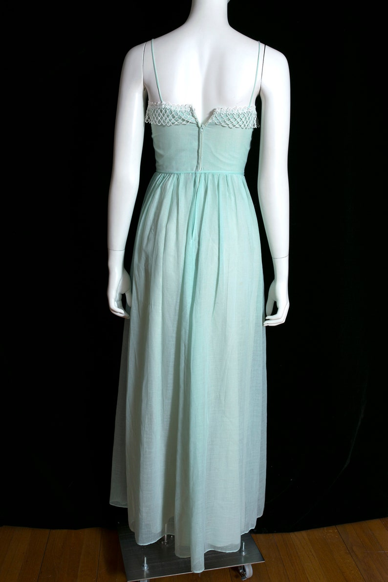 Lovely Vintage 70s Light Minty Green Cotton Maxi Dress with Pretty White Trim image 8