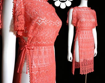 Unique & Sexy Vintage 70s Salmon-Colored Lace Dress / Cover-Up