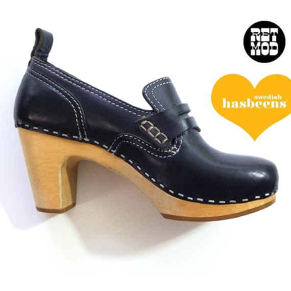 Vintage Inspired Black Penny Loafer Swedish Hasbeens Clogs Shoes Platforms - Size 36