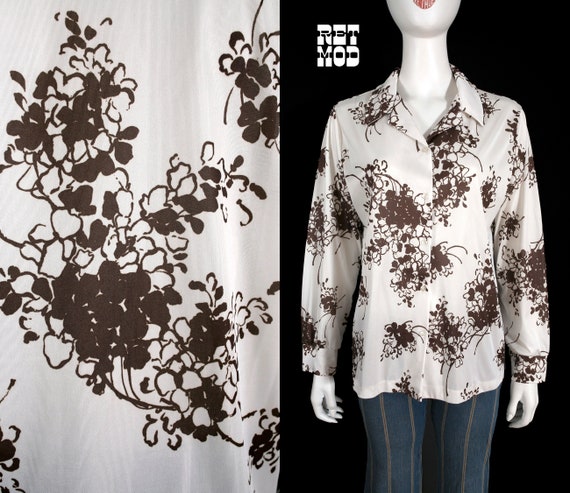 Lovely Vintage 60s 70s White Brown Floral Long Sl… - image 2