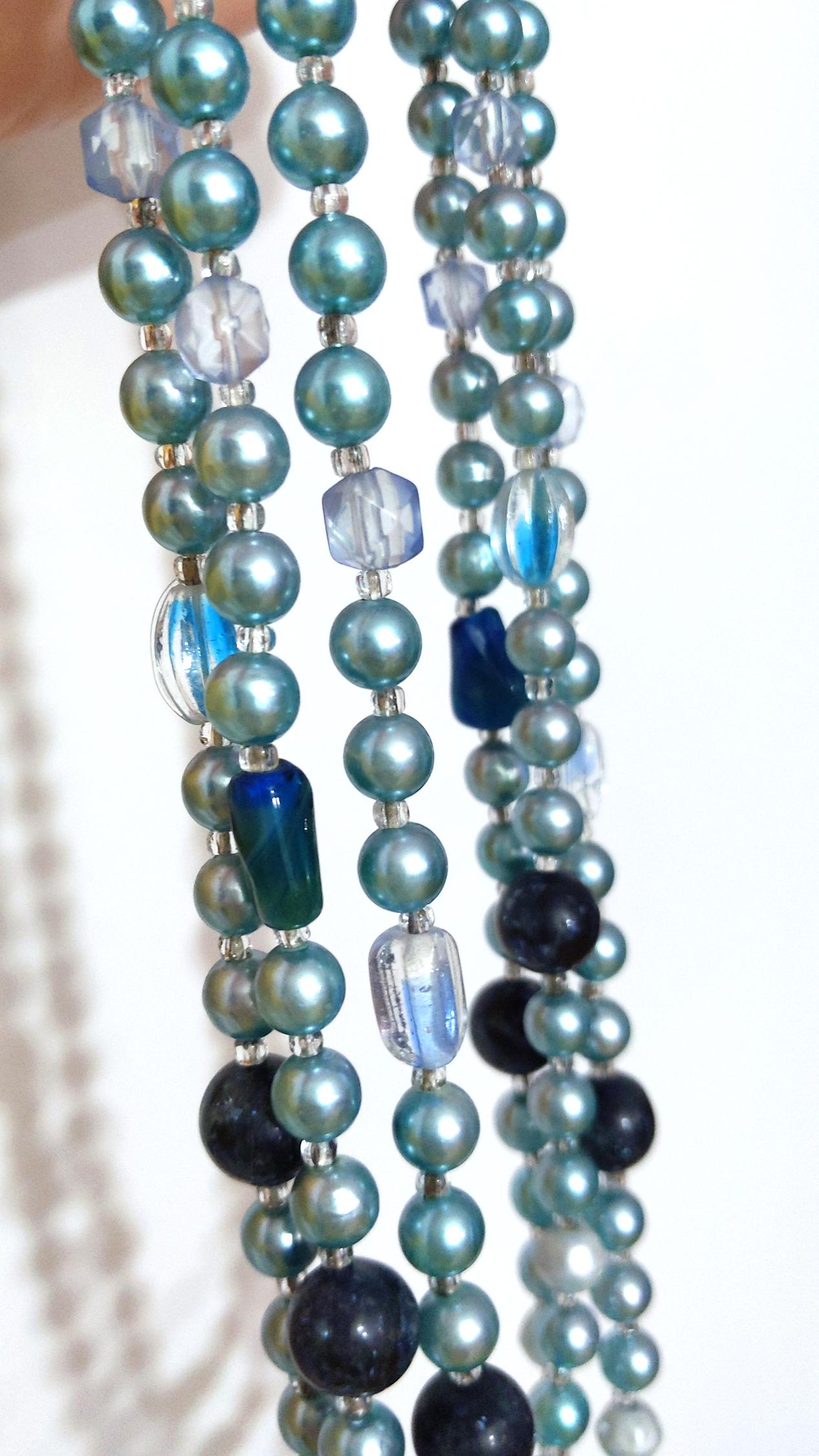 Collier Perles Murano Bleu - Multi-rangs - Pâte De Verre - Ancien