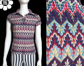 Beautiful Vintage Blue Red Bargello Woven Short Sleeve Collared Woven Shirt by Bobbie Brooks