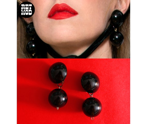Mod Vintage 60s 70s Black Bead Drop Earrings - image 1