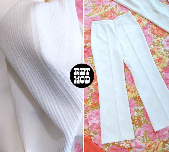 Retro Vintage 60s 70s White Textured Stripe Polye… - image 2