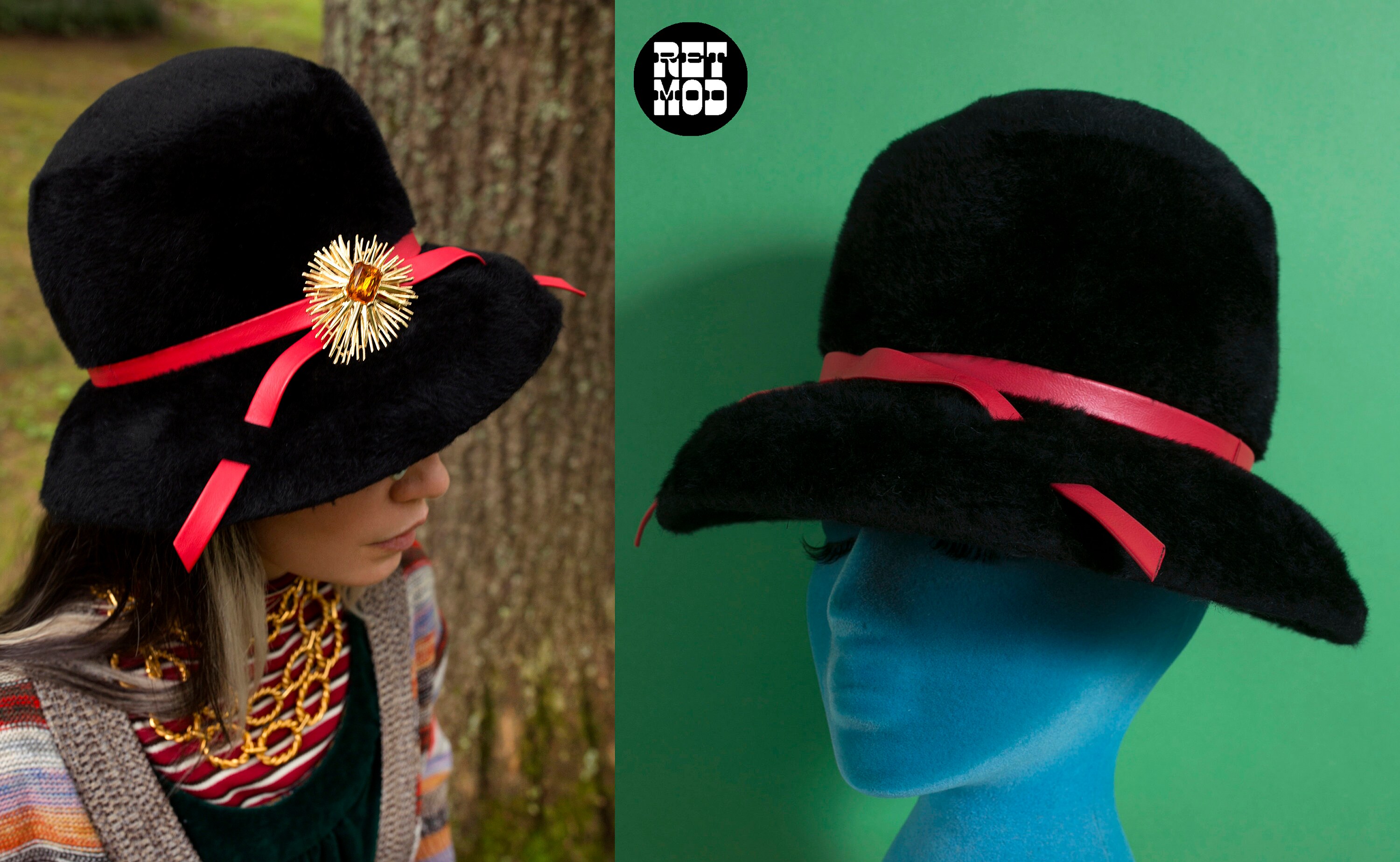 Black Vinyl Mod ‘60s’ Style Bucket Hat 60s Mod Bucket Hat | Dig That Faux Snakeskin Bow main image 4