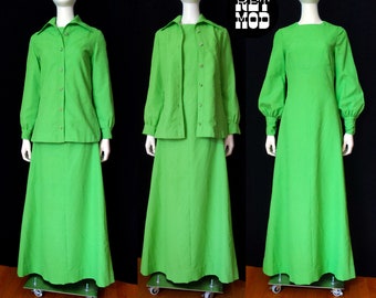 Groovy Vintage 60s 70s Lime Green Two-Piece Maxi Dress Set with Matching Collared Top