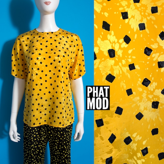 Rad Vintage 80s 90s Yellow & Black Geometric Squa… - image 1