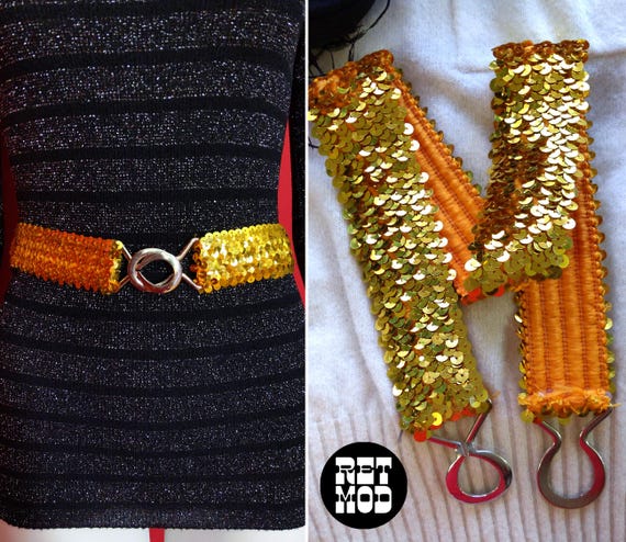 Iconic Vintage 70s 80s Gold Sequin Stretch Belt - Etsy display picture 3