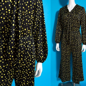 Slinky & Cool Vintage 60s 70s Black and Yellow Polka Dot 2-Piece Set of Pants and Tunic Top with Pussybow image 3