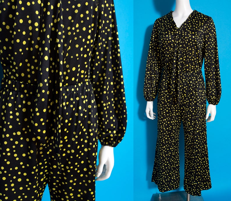 Slinky & Cool Vintage 60s 70s Black and Yellow Polka Dot 2-Piece Set of Pants and Tunic Top with Pussybow image 3