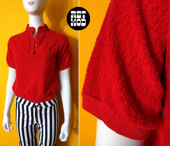 Cool Vintage 70s 80s Bright Red Terrycloth Top - image 1