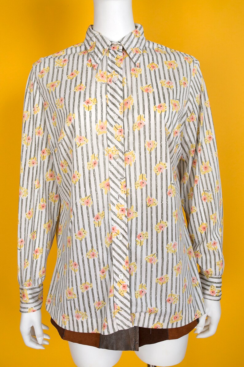 PLUS SIZE Vintage 70s Vera Neumann Floral Stripe Button Down Blouse Shirt
