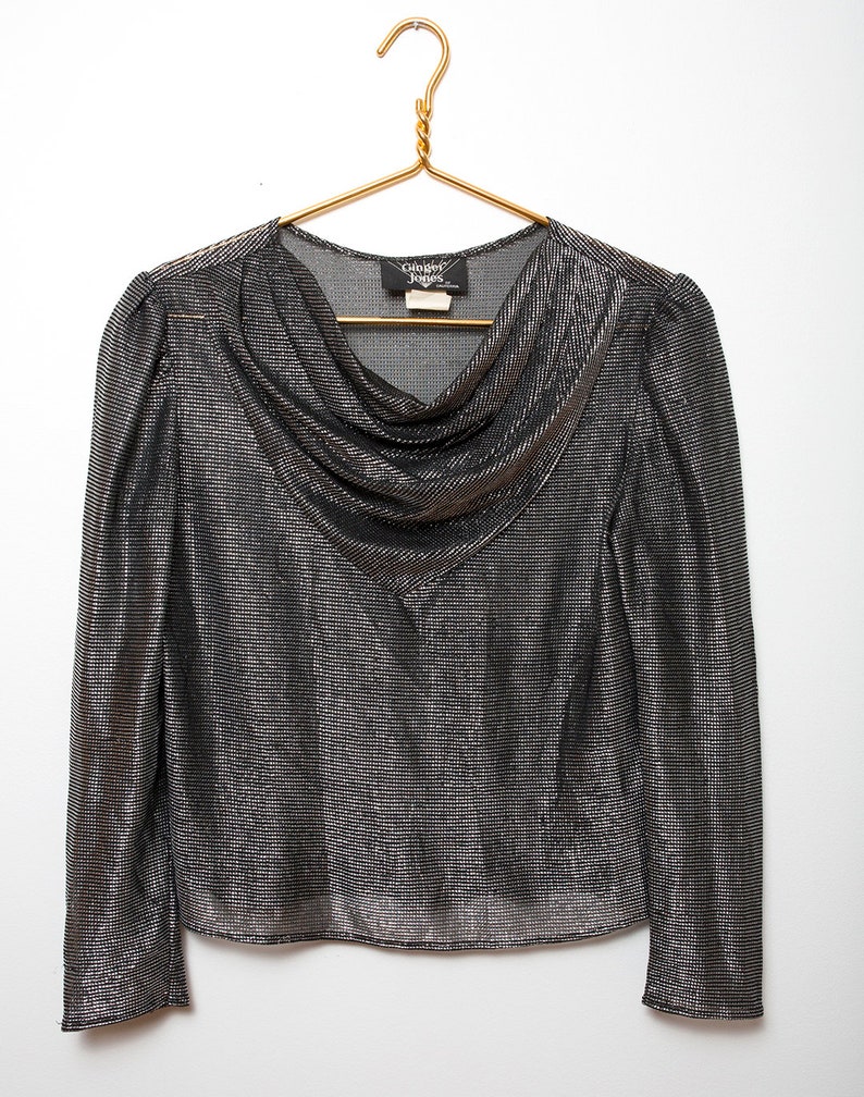 Vintage 70s Disco Black /& Silver Metallic Cowl Neck Semi-Sheer Party Blouse