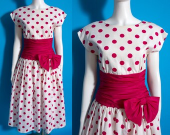 Super Sassy Vintage 80s Magenta Pink Polka Dot Stripe Fluffy Party Dress with Built-In Crinoline and Open Back