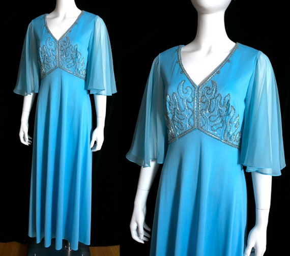FABULOUS Vintage 70s Blue Maxi Dress with Sheer A… - image 2