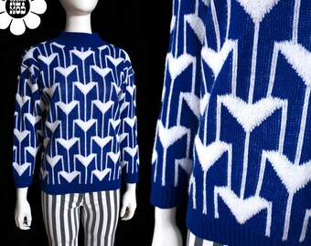 Incrível suéter vintage dos anos 80 com estampa geométrica em azul e branco estilo Op Art.