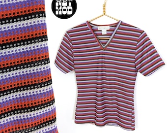 Vintage 90s Purple Rust Black Stripe Knit V-Neck Top by Priority
