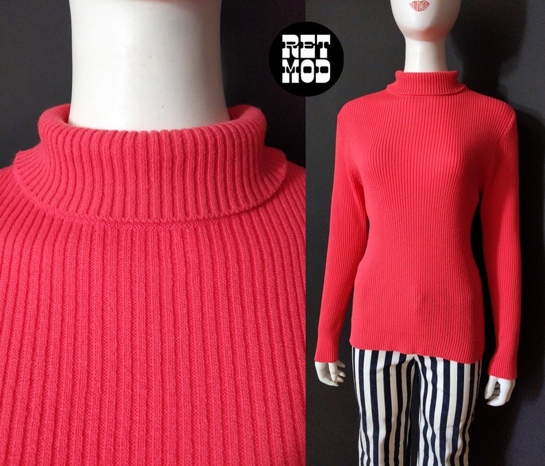 Fab Vintage 60s 70s Salmon Pink Ribbed Knit Turtleneck Sweater Top image 1