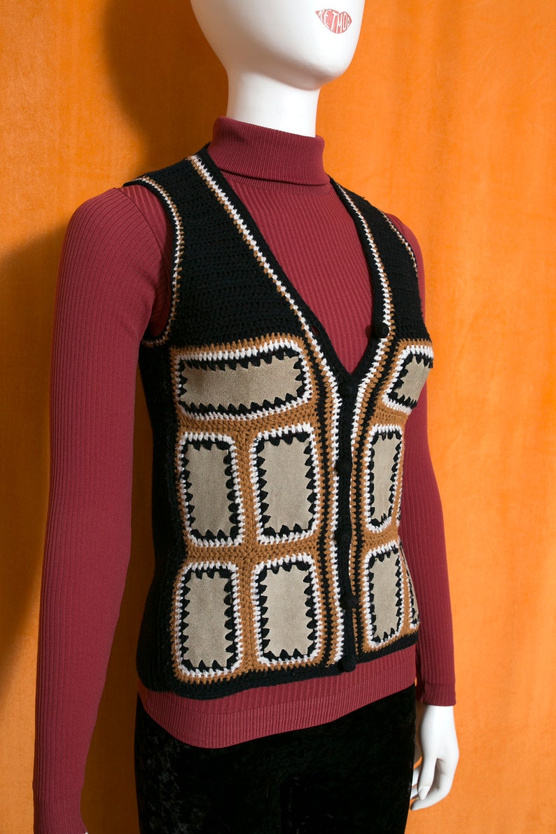 Boho Vintage 70s Black Tan Brown Suede Patchwork Vest image 4