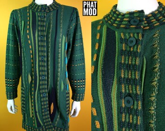 Long Vintage 90s Green, Yellow, Blue Funky Woven Cardigan Sweater - Could be worn as a dress or long cardigan!