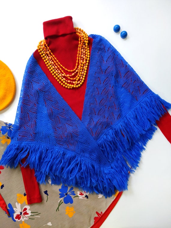 Absolutely Lovely Vintage 60s 70s Blue Shawl with 