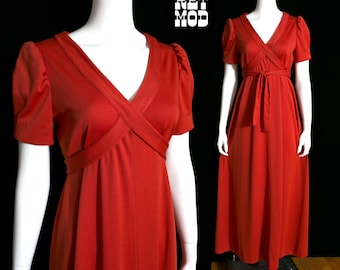 Lovely Vintage 60s 70s Rust Colored Maxi Dress with Puff Sleeves and Criss Cross Waist Tie