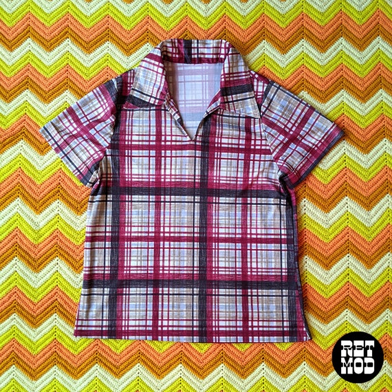 Vintage 60s 70s Brown Brick White Blue Plaid Shor… - image 2