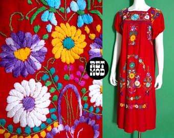 Beautiful Vintage Red Floral Embroidery Oaxacan Cotton Dress