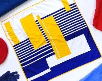 Cool Vintage 60s 70s Blue Yellow White Op Art Geometric Large Square Scarf