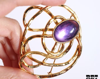 Stunning Large Vintage Purple Cabochon Gold Modernist Tangle Statement Brooch