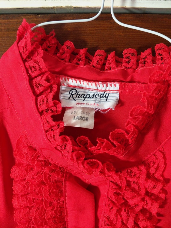 Vampy Vintage 70s 80s Red Ruffle Lace Long Sleeve… - image 6