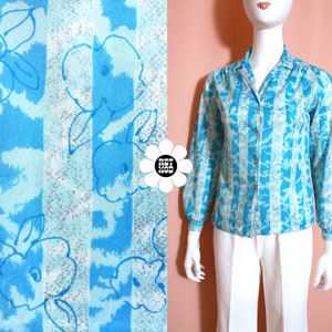 Vintage 70s 80s Pretty Blue Floral Stripe Print Blouse image 1