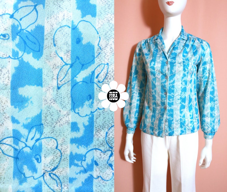 Vintage 70s 80s Pretty Blue Floral Stripe Print Blouse image 1