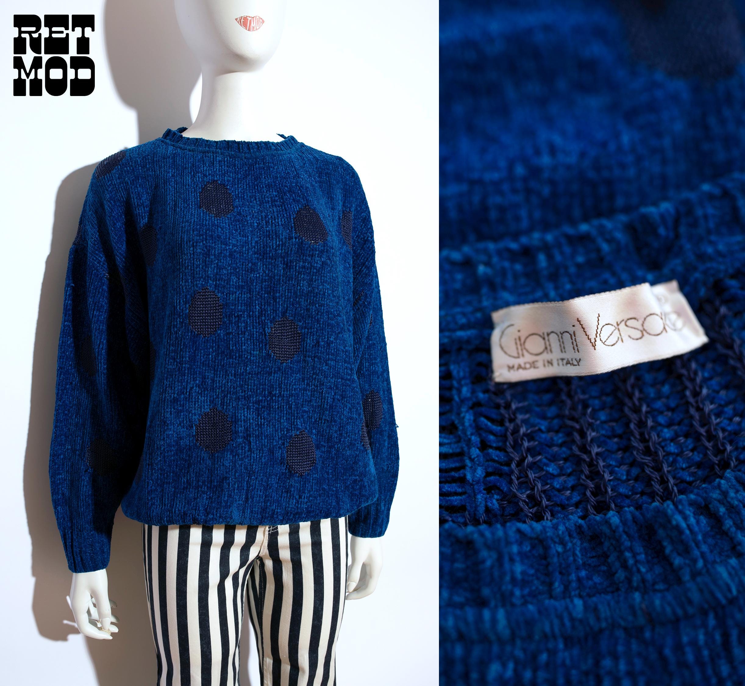 Versace Vintage Early 80s Blue Black Polka Dot Chenille Pullover