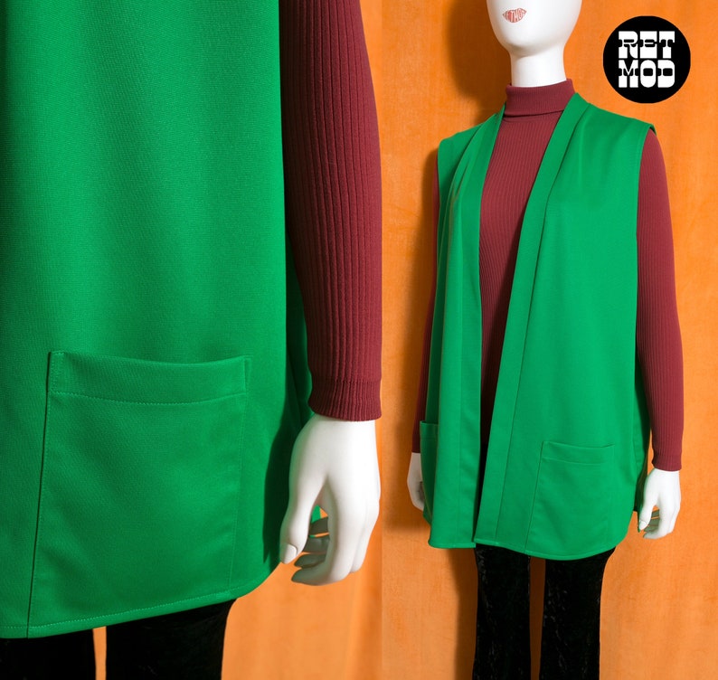 Gilet lungo in poliestere verde Kelly vintage anni '70 taglie forti con tasche immagine 1