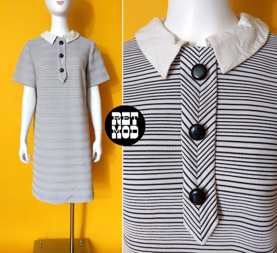 Cute Vintage 60s 70s Black White Stripe Poly Dres… - image 1