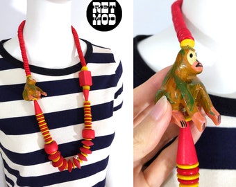 Chunky Vintage 80s 90s Red Yellow Hand-Painted Monkey Wooden Beaded Necklace