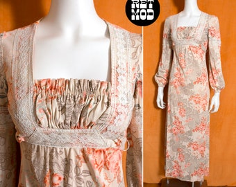 So Pretty Vintage 70s Off-White & Pink Floral Lace Patterned Peasant Style Maxi Dress