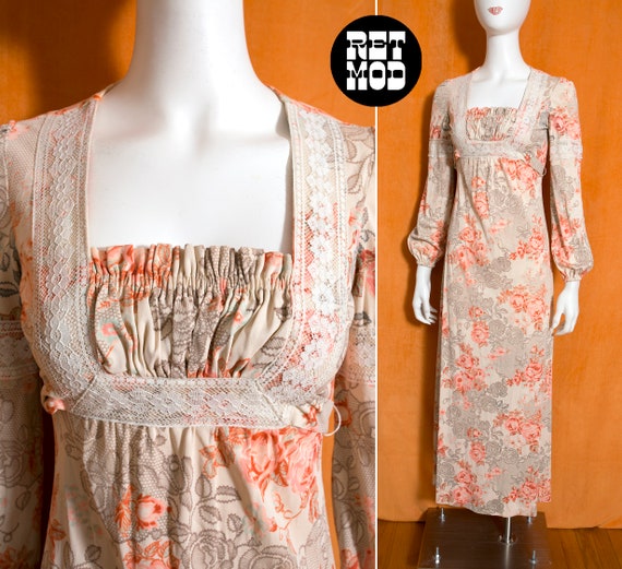 So Pretty Vintage 70s Off-White & Pink Floral Lac… - image 1