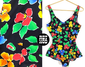 Cool Vintage 90s Y2K Colorful Floral One-Piece Swimsuit with Ruching