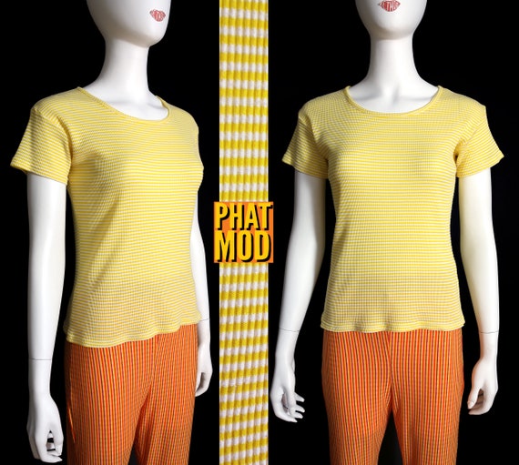 Cute Vintage 90s Yellow & White Stripe Ribbed T-S… - image 1