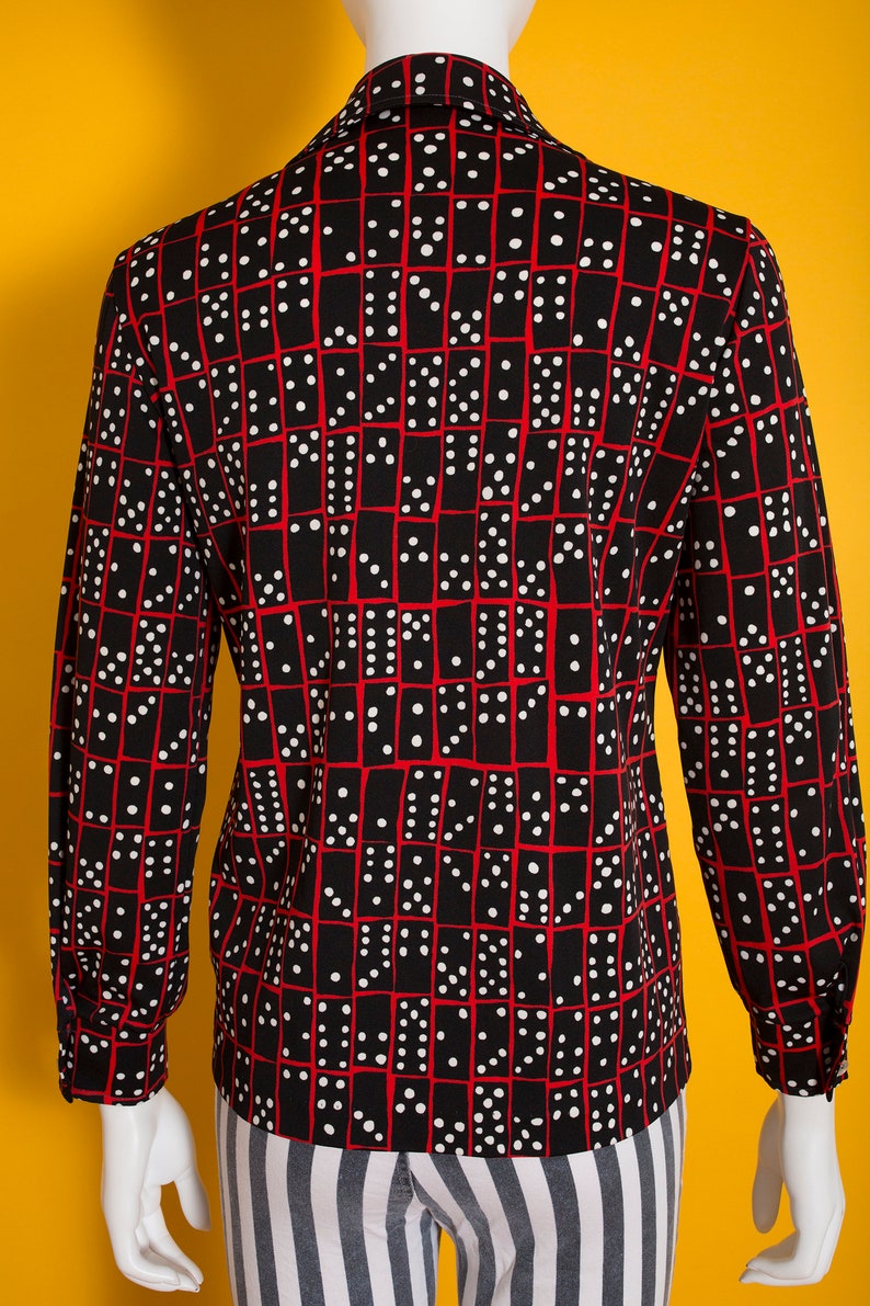 Domino Novelty Print Incredible Pop Art Vintage 60s 70s Black Red White Button Down Fitted Shirt Top