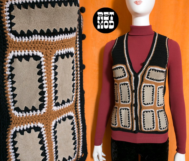 Boho Vintage 70s Black Tan Brown Suede Patchwork Vest image 1