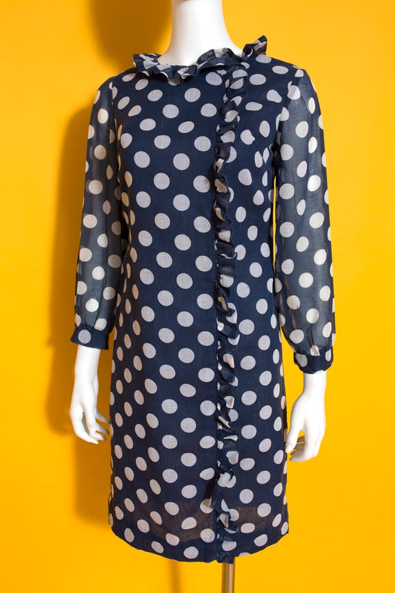 Iconic Vintage 60s Navy Blue & White Polka Dot Mo… - image 5