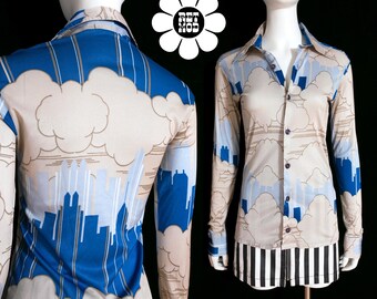 Blue Clouds & Cityscape Buildings Novelty Print 70s Long Sleeve Collared Shirt