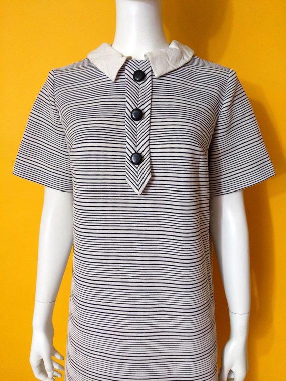 Cute Vintage 60s 70s Black White Stripe Poly Dres… - image 4