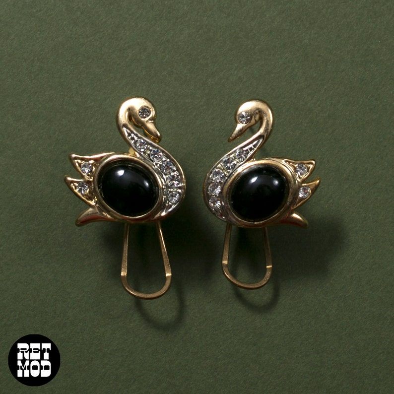 Adorable Vintage 80s 90s Gold & Black Rhinestone Swan Bird Earrings image 8